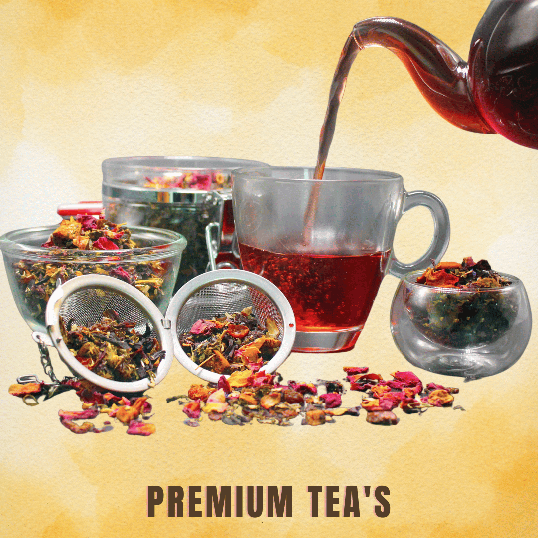 A selection of premium loose-leaf teas, including green tea, masala chai, and herbal blends, with tea being poured into a cup.